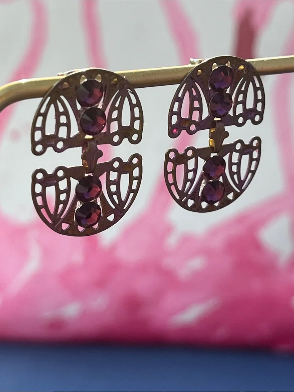 Purple/Pink Iridescent Art Deco Filigree Stud Earrings with Purple Stones